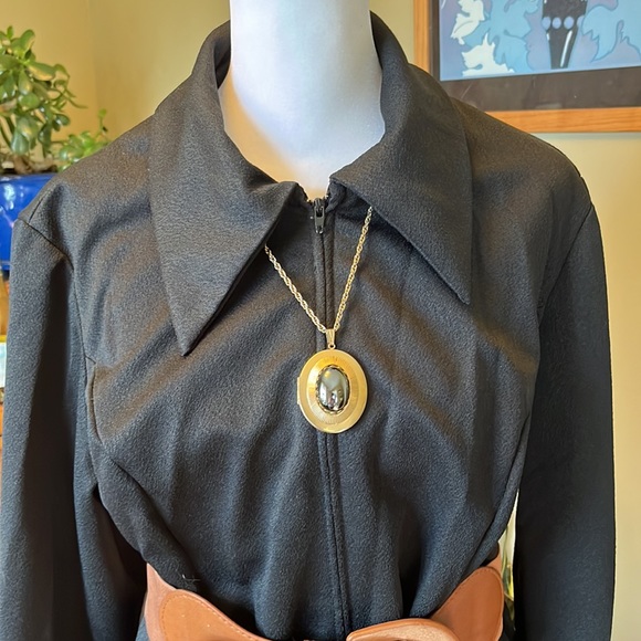 Vintage 70s Long Sleeve Dagger Collar zip front Black Dress Size XXL - Picture 5 of 11